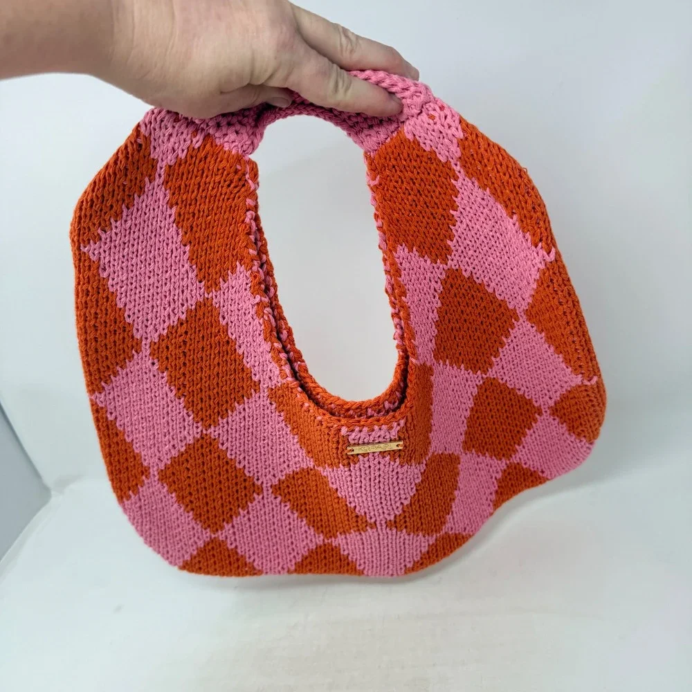Kopari Pink Orange Checkered Knit Tote Bag Harlequin Pattern Top Handle Bag